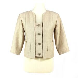 Chanel Cropped Suit Jacket Gold Metallic CC Logo Button Front Pockets Size 38